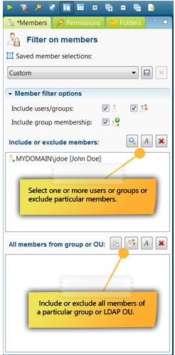 Panel with filters for user and groups