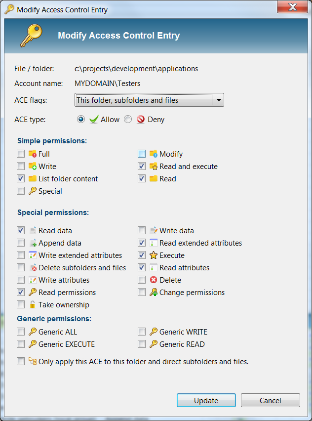 Dialog to modify NTFS permissions directly on the file system